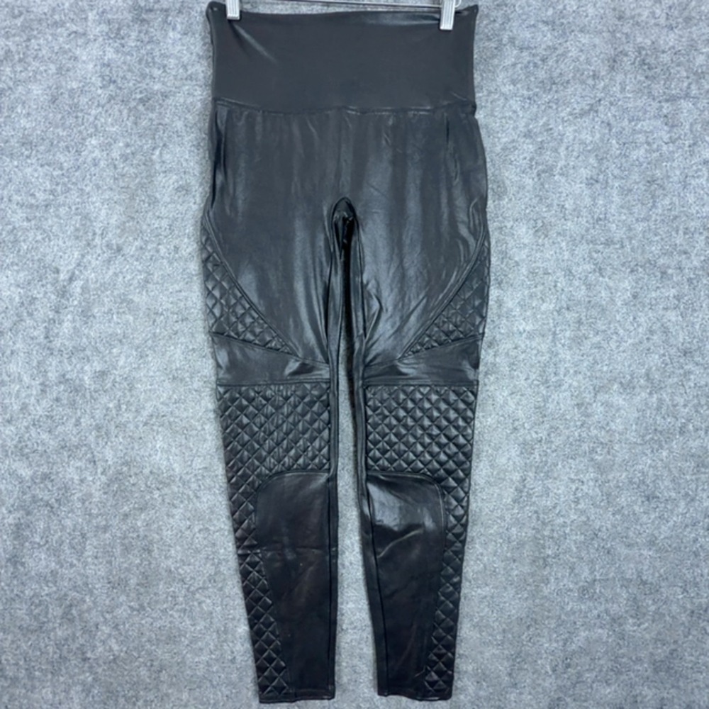 Spanx Faux Leather Quilted Moto Leggings Womens Large Black Sexy Flattering